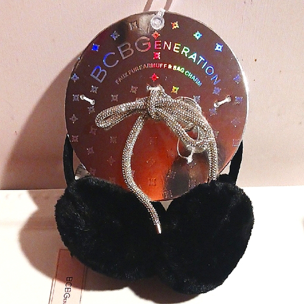Luxurious! BCBGeneration Black Plush Faux Fur Earmuff with Silver Bow Bag Charm